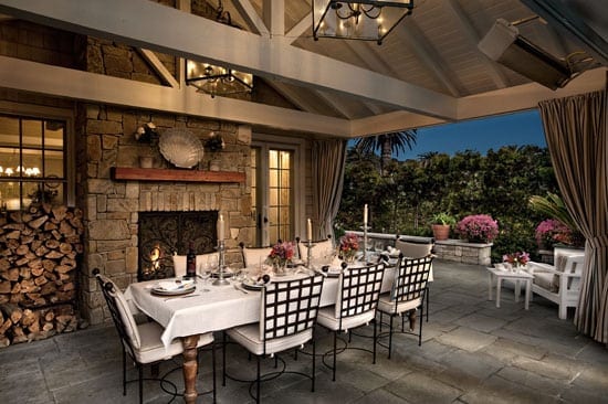 Outdoor fireplace dining area