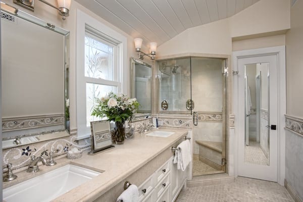 Master bathroom, light and bright with etched window
