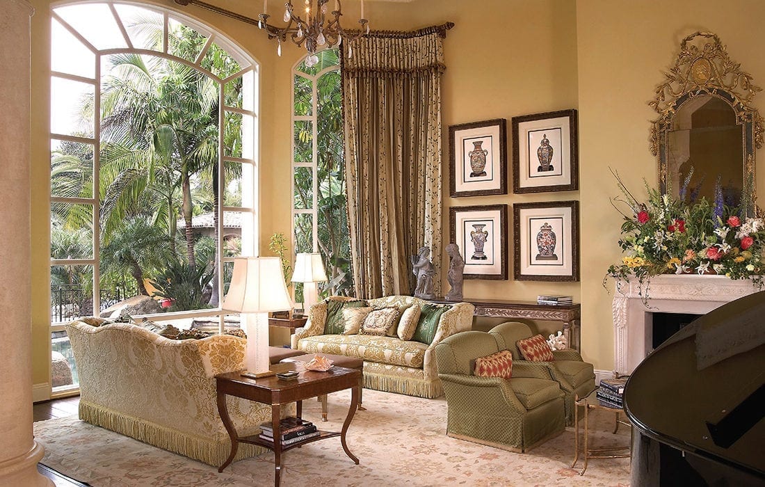 Neo Classical living room with floor to ceiling windows